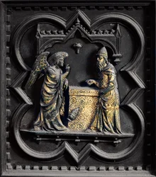 Der Engel kündigt Zacharias an, erstes Panel der Südtüren des Baptisteriums von San Giovanni, 1336